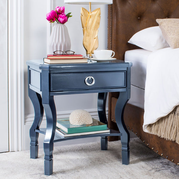 Safavieh Alaia Modern Nightstand With Elegant Curved Legs And Chic Silver Hardware For Timeless Bedroom Style Navy FOX6275D