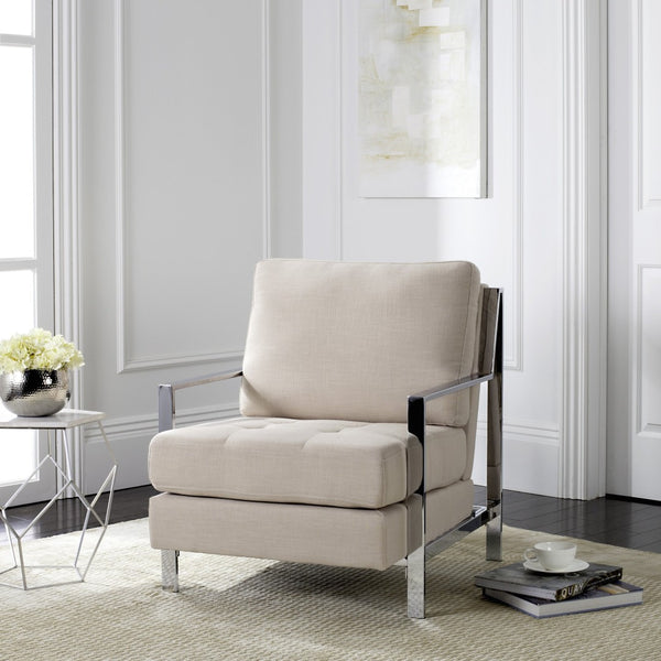 Safavieh Walden Modern Tufted Accent Chair In Beige Linen With Chrome Frame For Stylish Living Spaces FOX6279A