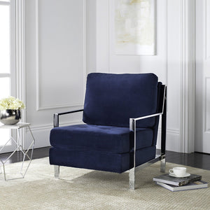 Safavieh Walden Modern Tufted Velvet Accent Chair With Sleek Chrome Frame For Luxurious Living Room Style Navy Velvet FOX6279B