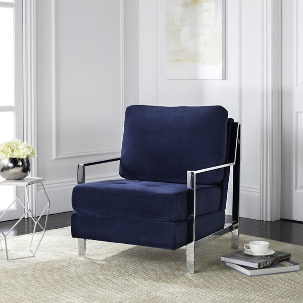 Safavieh Walden Modern Tufted Velvet Accent Chair With Sleek Chrome Frame For Luxurious Living Room Style Navy Velvet FOX6279B