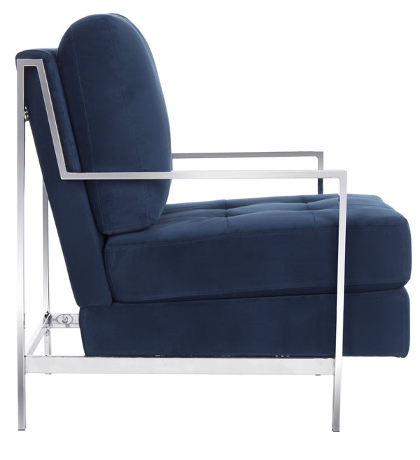Safavieh Walden Modern Tufted Velvet Accent Chair With Sleek Chrome Frame For Luxurious Living Room Style Navy Velvet FOX6279B