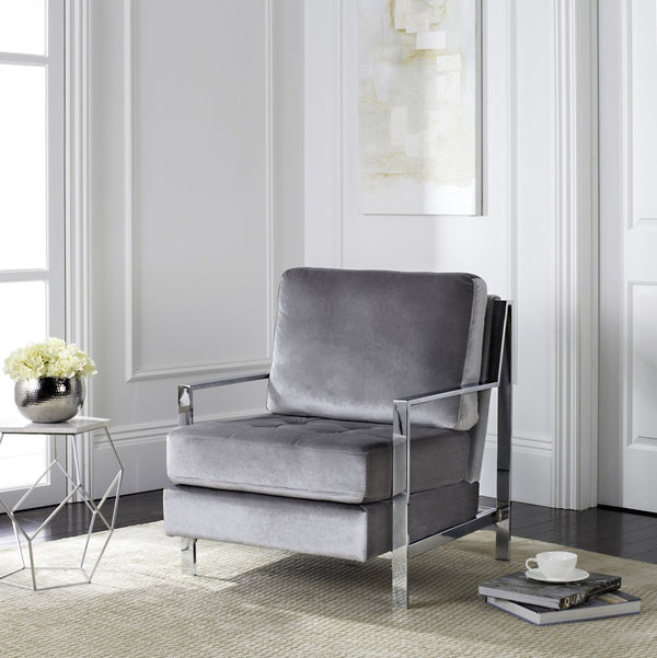 Safavieh Walden Modern Tufted Velvet Accent Chair With Sleek Chrome Frame For Luxurious Living Room Style Light Grey Velvet FOX6279C