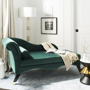 Safavieh Caiden Velvet Chaise Lounge With Plush Pillow - Elegant Comfort For Modern & Classic Interiors Emerald Green Velvet FOX6284E