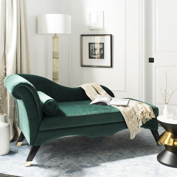 Safavieh Caiden Velvet Chaise Lounge With Plush Pillow - Elegant Comfort For Modern & Classic Interiors Emerald Green Velvet FOX6284E