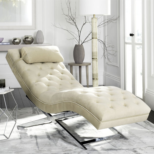 Safavieh Monroe Chaise Lounge With Headrest Pillow - Luxurious Spa-Inspired Seating For Relaxation & Style Beige Velvet /Chrome FOX6286A