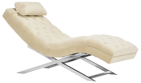 Safavieh Monroe Chaise Lounge With Headrest Pillow - Luxurious Spa-Inspired Seating For Relaxation & Style Beige Velvet /Chrome FOX6286A