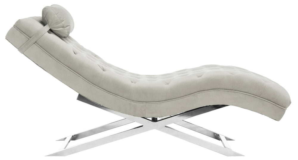 Safavieh Monroe Chaise Lounge With Headrest Pillow - Luxurious Spa-Inspired Seating For Relaxation & Style Grey Velvet/Chrome FOX6286C