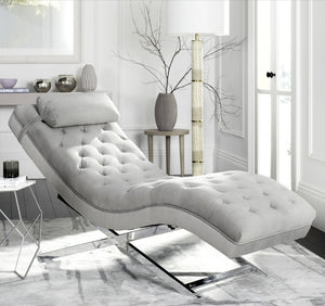 Safavieh Monroe Chaise Lounge With Headrest Pillow - Luxurious Spa-Inspired Seating For Relaxation & Style Grey Velvet/Chrome FOX6286C