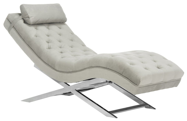 Safavieh Monroe Chaise Lounge With Headrest Pillow - Luxurious Spa-Inspired Seating For Relaxation & Style Grey Velvet/Chrome FOX6286C