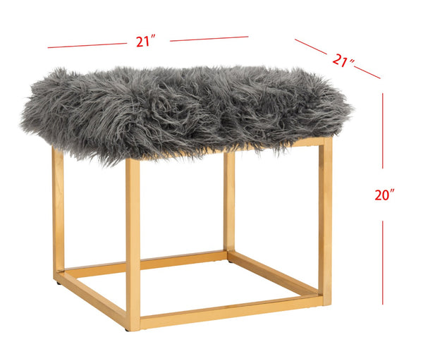 Safavieh Rowan Contemporary Glam Vegan Sheepskin Ottoman - Plush Accent For Modern Living Spaces & Decor Faux Grey /Gold Foil FOX6288B