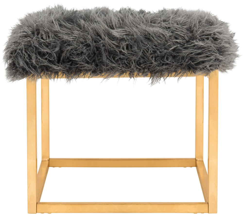 Safavieh Rowan Contemporary Glam Vegan Sheepskin Ottoman - Plush Accent For Modern Living Spaces & Decor Faux Grey /Gold Foil FOX6288B