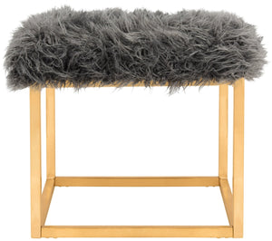 Safavieh Rowan Contemporary Glam Vegan Sheepskin Ottoman - Plush Accent For Modern Living Spaces & Decor Faux Grey /Gold Foil FOX6288B