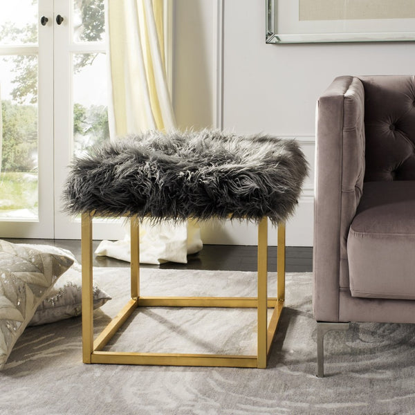 Safavieh Rowan Contemporary Glam Vegan Sheepskin Ottoman - Plush Accent For Modern Living Spaces & Decor Faux Grey /Gold Foil FOX6288B
