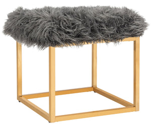 Safavieh Rowan Contemporary Glam Vegan Sheepskin Ottoman - Plush Accent For Modern Living Spaces & Decor Faux Grey /Gold Foil FOX6288B