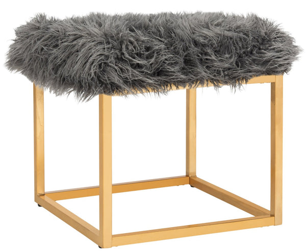 Safavieh Rowan Contemporary Glam Vegan Sheepskin Ottoman - Plush Accent For Modern Living Spaces & Decor Faux Grey /Gold Foil FOX6288B