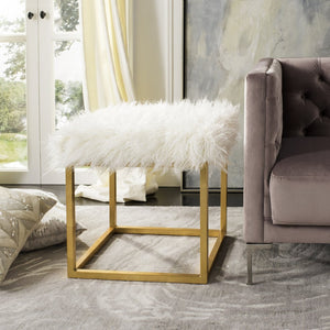 Safavieh Rowan Contemporary Glam Vegan Sheepskin Ottoman - Plush Accent For Modern Living Spaces & Decor Faux White /Gold Foil FOX6288C