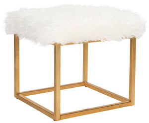 Safavieh Rowan Contemporary Glam Vegan Sheepskin Ottoman - Plush Accent For Modern Living Spaces & Decor Faux White /Gold Foil FOX6288C