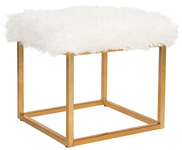 Safavieh Rowan Contemporary Glam Vegan Sheepskin Ottoman - Plush Accent For Modern Living Spaces & Decor Faux White /Gold Foil FOX6288C