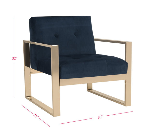 Safavieh Vasco Modern Luxe Accent Chair In Navy Velvet With Geometric Brass Frame For Stylish Interiors FOX6290A