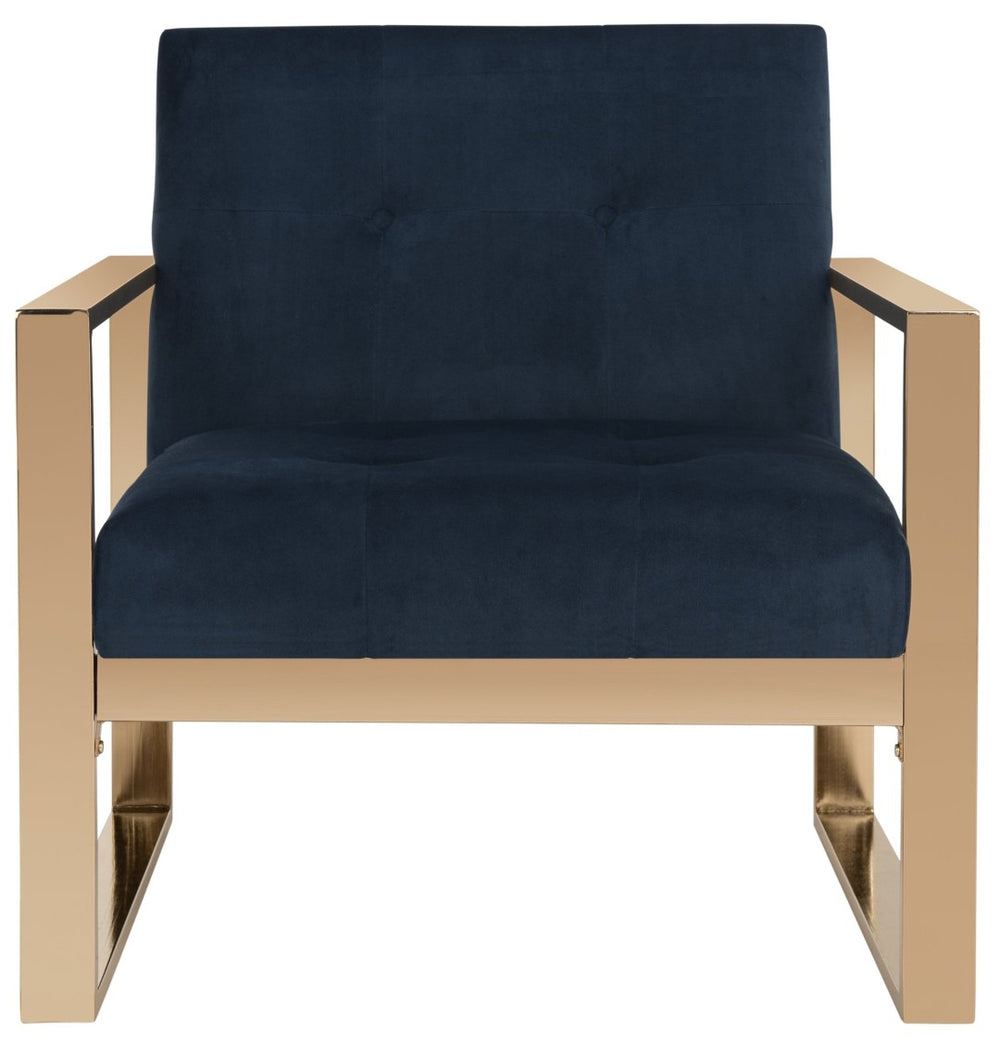Safavieh Vasco Modern Luxe Accent Chair In Navy Velvet With Geometric Brass Frame For Stylish Interiors FOX6290A