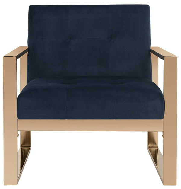 Safavieh Vasco Modern Luxe Accent Chair In Navy Velvet With Geometric Brass Frame For Stylish Interiors FOX6290A