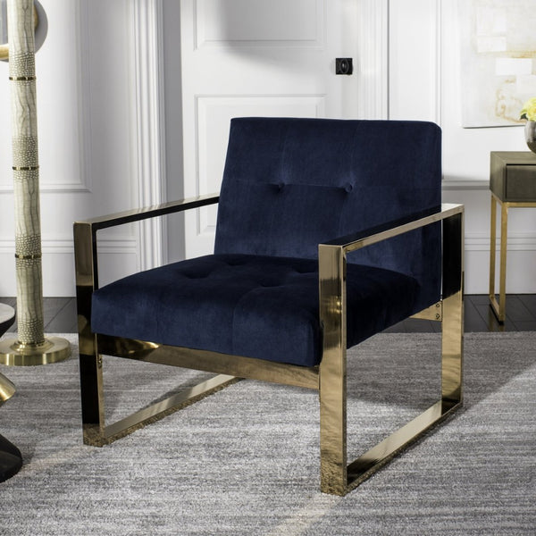 Safavieh Vasco Modern Luxe Accent Chair In Navy Velvet With Geometric Brass Frame For Stylish Interiors FOX6290A