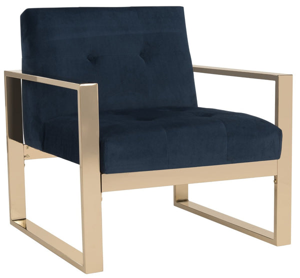 Safavieh Vasco Modern Luxe Accent Chair In Navy Velvet With Geometric Brass Frame For Stylish Interiors FOX6290A