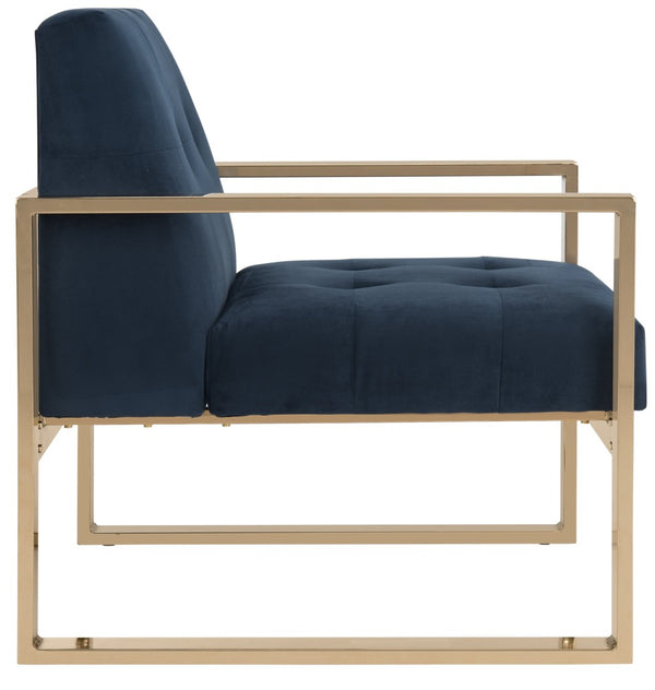 Safavieh Vasco Modern Luxe Accent Chair In Navy Velvet With Geometric Brass Frame For Stylish Interiors FOX6290A