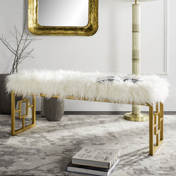 Safavieh Mera Elegant Faux Sheepskin Bench With Luxurious Gold Accents - Perfect For Living Room & Foyer FOX6291B