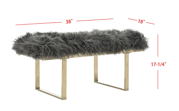 Safavieh Maia Plush Vegan Sheepskin Bench With Sleek Brass Base – Perfect For Glam Living Spaces And Vanity Faux Grey /Brass FOX6292A