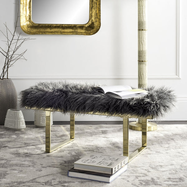 Safavieh Maia Plush Vegan Sheepskin Bench With Sleek Brass Base – Perfect For Glam Living Spaces And Vanity Faux Grey /Brass FOX6292A