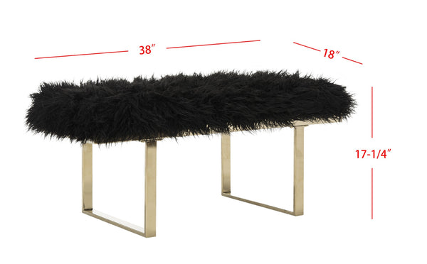 Safavieh Maia Plush Vegan Sheepskin Bench With Sleek Brass Base – Perfect For Glam Living Spaces And Vanity Faux Black /Brass FOX6292B