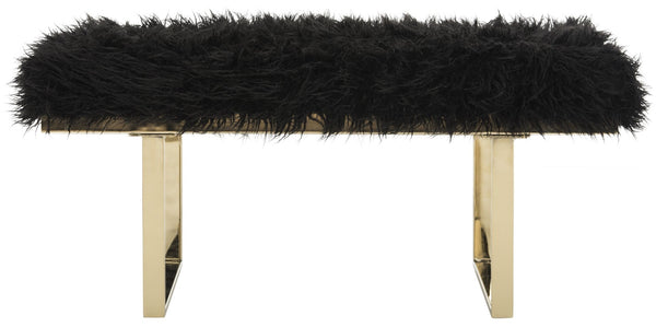 Safavieh Maia Plush Vegan Sheepskin Bench With Sleek Brass Base – Perfect For Glam Living Spaces And Vanity Faux Black /Brass FOX6292B