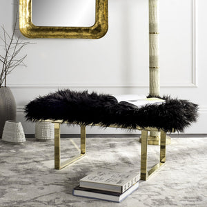 Safavieh Maia Plush Vegan Sheepskin Bench With Sleek Brass Base – Perfect For Glam Living Spaces And Vanity Faux Black /Brass FOX6292B