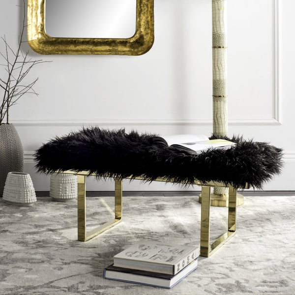Safavieh Maia Plush Vegan Sheepskin Bench With Sleek Brass Base – Perfect For Glam Living Spaces And Vanity Faux Black /Brass FOX6292B