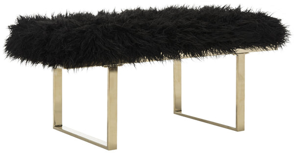 Safavieh Maia Plush Vegan Sheepskin Bench With Sleek Brass Base – Perfect For Glam Living Spaces And Vanity Faux Black /Brass FOX6292B