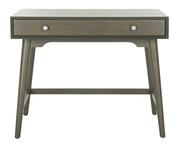 Safavieh Isadora Midcentury Modern Desk - Stylish Workspace With Oversized Drawer & Polished Chrome Accents Ash Grey FOX6293A