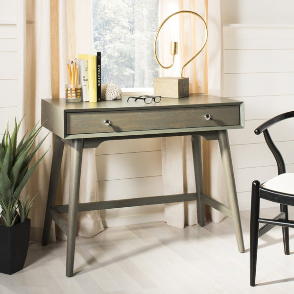 Safavieh Isadora Midcentury Modern Desk - Stylish Workspace With Oversized Drawer & Polished Chrome Accents Ash Grey FOX6293A
