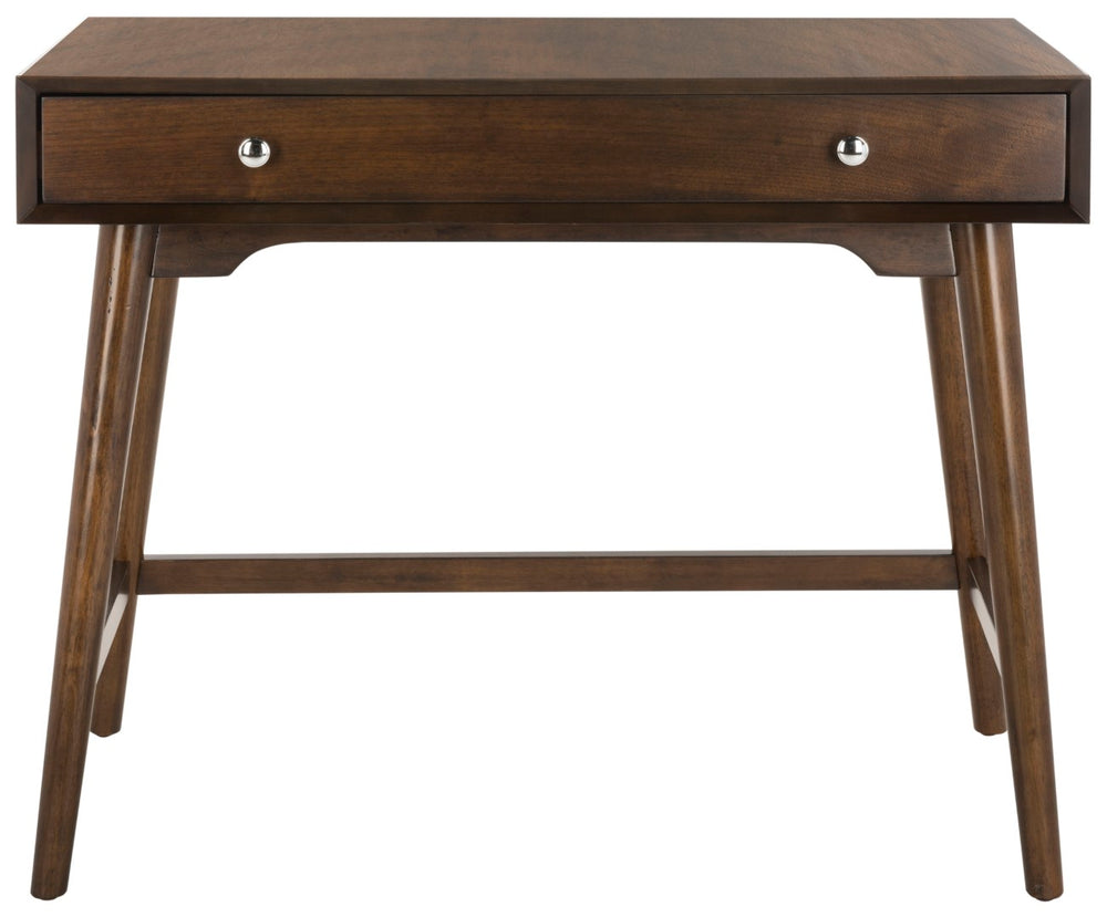 Safavieh Isadora Midcentury Modern Desk - Stylish Workspace With Oversized Drawer & Polished Chrome Accents Walnut FOX6293C