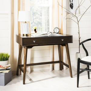 Safavieh Isadora Midcentury Modern Desk - Stylish Workspace With Oversized Drawer & Polished Chrome Accents Walnut FOX6293C