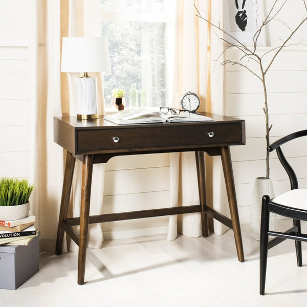 Safavieh Isadora Midcentury Modern Desk - Stylish Workspace With Oversized Drawer & Polished Chrome Accents Walnut FOX6293C