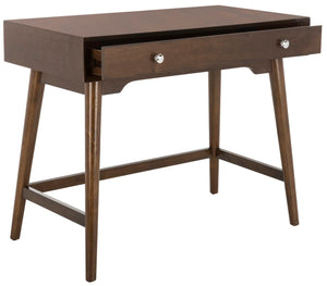 Safavieh Isadora Midcentury Modern Desk - Stylish Workspace With Oversized Drawer & Polished Chrome Accents Walnut FOX6293C