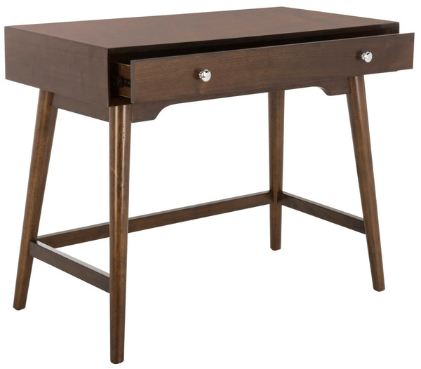Safavieh Isadora Midcentury Modern Desk - Stylish Workspace With Oversized Drawer & Polished Chrome Accents Walnut FOX6293C