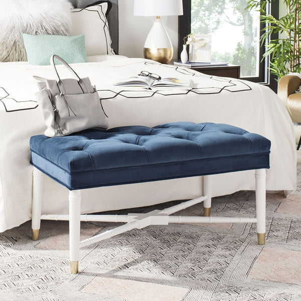Safavieh Rory Navy Velvet Tufted Bench With White Bamboo Accents & Brass-Capped Feet For Chic Living Spaces FOX6294A