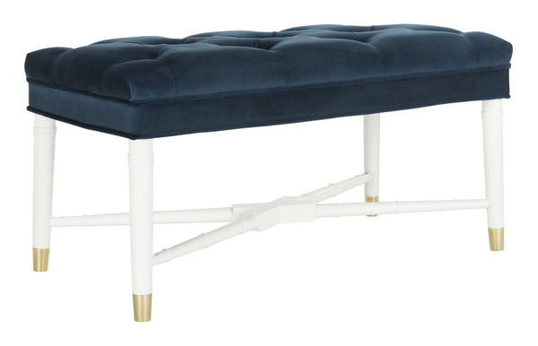 Safavieh Rory Navy Velvet Tufted Bench With White Bamboo Accents & Brass-Capped Feet For Chic Living Spaces FOX6294A
