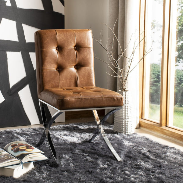Safavieh Walsh Contemporary Tufted Side Chair - Luxurious Upholstery With Polished Legs For Modern Spaces Light Brown Pu/Chrome FOX6300C