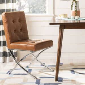 Safavieh Walsh Contemporary Tufted Side Chair - Luxurious Upholstery With Polished Legs For Modern Spaces Light Brown Pu/Chrome FOX6300C