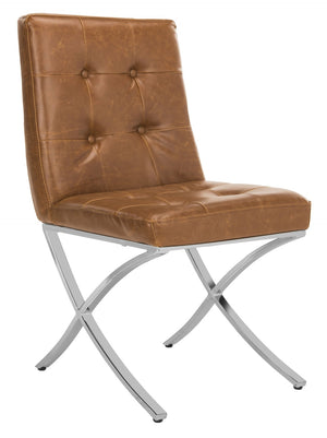 Safavieh Walsh Contemporary Tufted Side Chair - Luxurious Upholstery With Polished Legs For Modern Spaces Light Brown Pu/Chrome FOX6300C