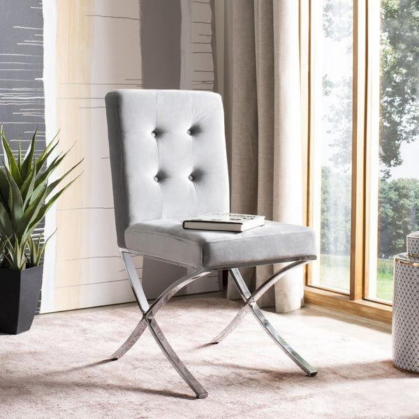 Safavieh Walsh Contemporary Tufted Side Chair - Luxurious Upholstery With Polished Legs For Modern Spaces Grey Velvet/Chrome FOX6300D