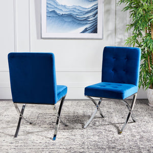 Safavieh Walsh Contemporary Tufted Side Chair - Luxurious Upholstery With Polished Legs For Modern Spaces Navy Velvet/Chrome FOX6300E